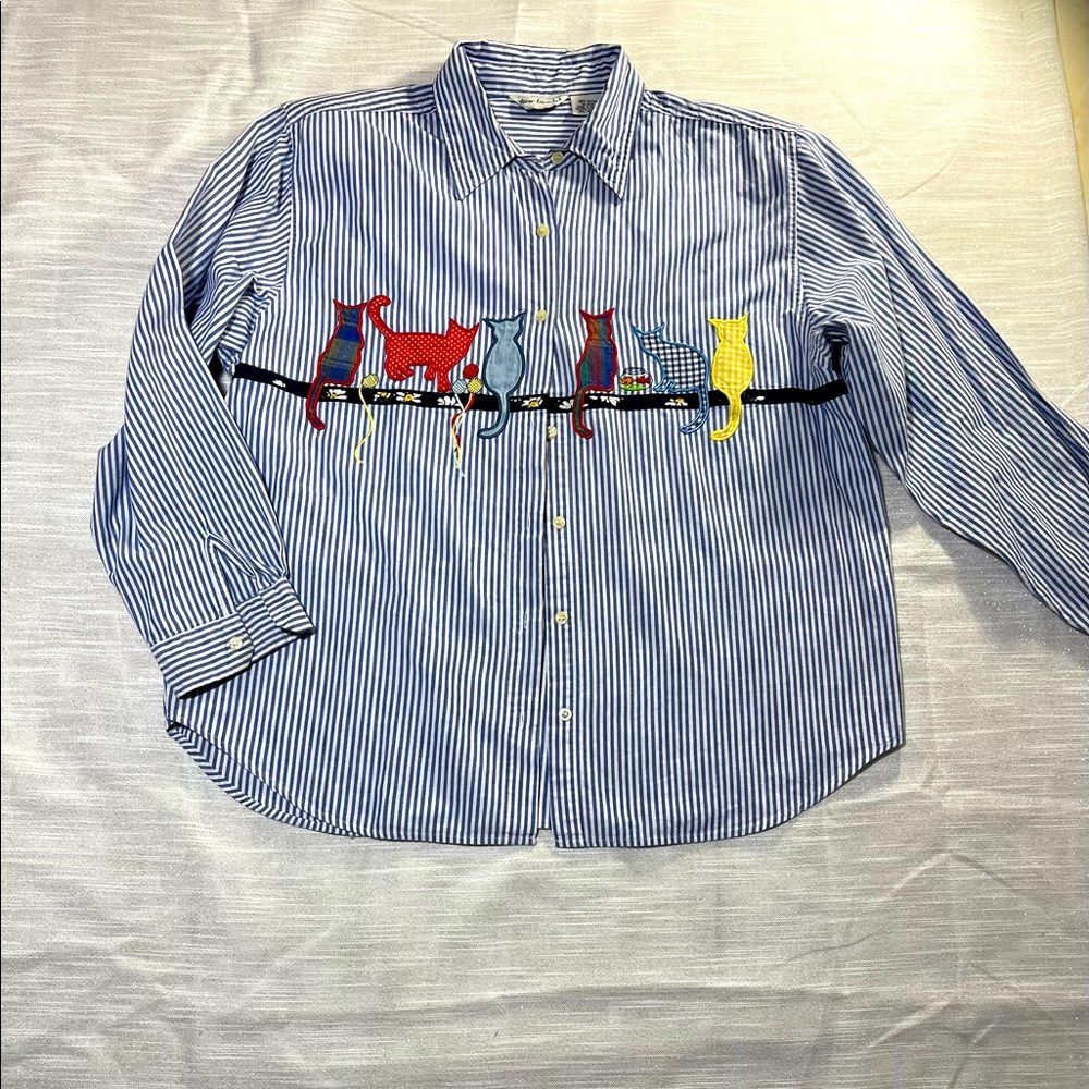 Vintage Cat Shirt Two Twenty Blue Striped Button Down Top